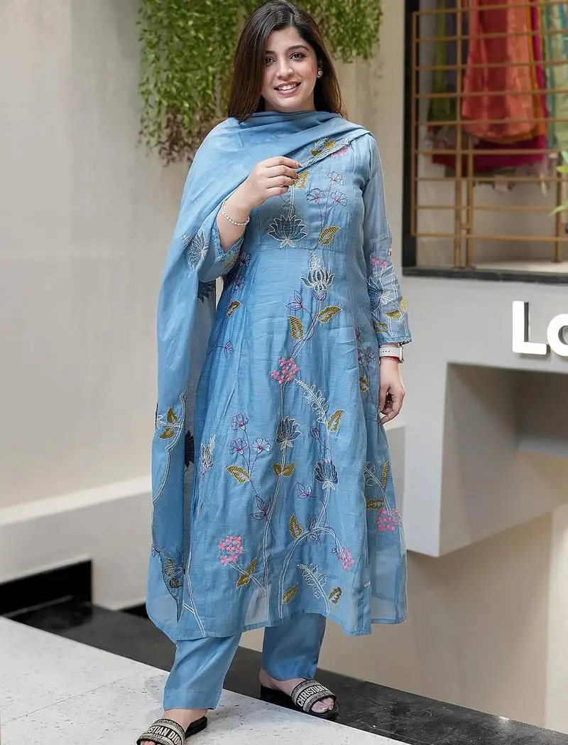 Aqua blue viscose chanderi heavy thread embroidered work kurta pant set