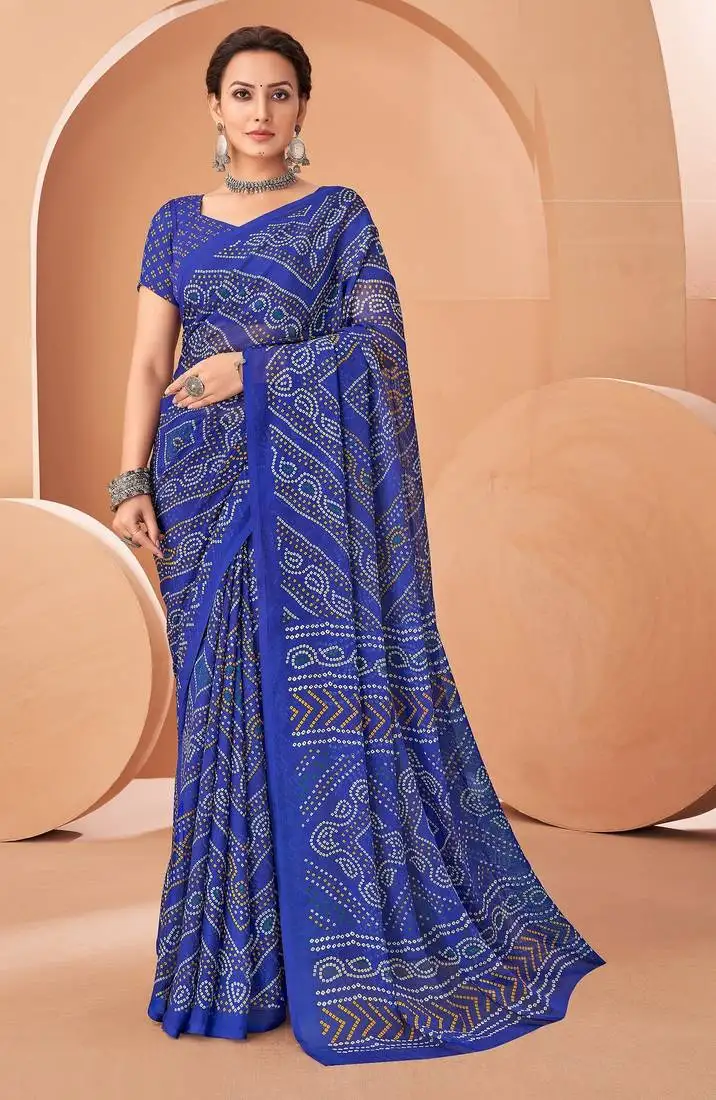 Blue chiffon bandhani geometric printed saree with blouse