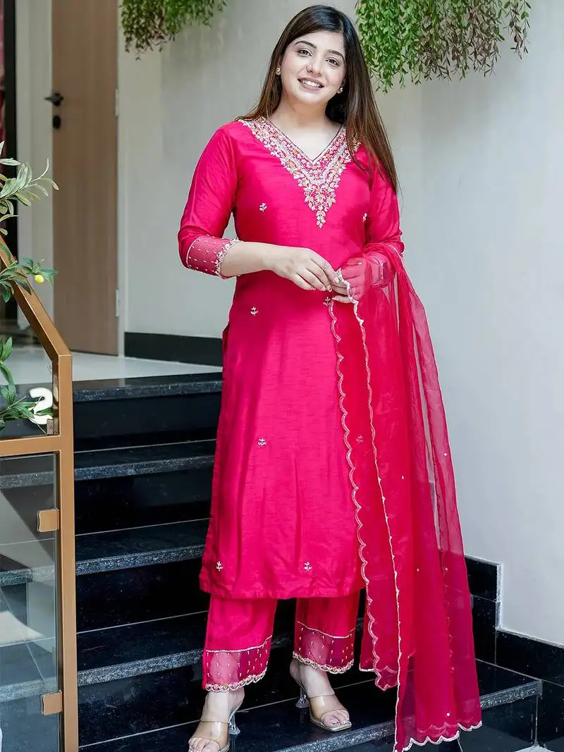 Rani pink viscose chanderi heavy thread embroidered work kurta pant set