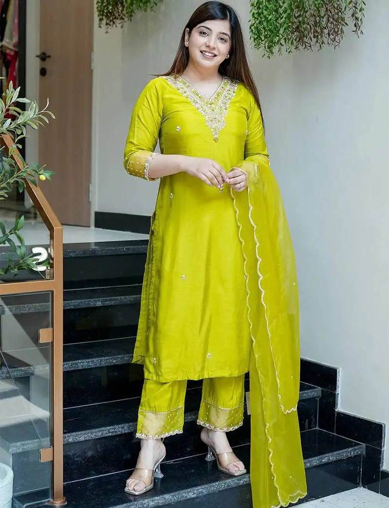 Lemon viscose chanderi heavy thread embroidered work kurta pant set