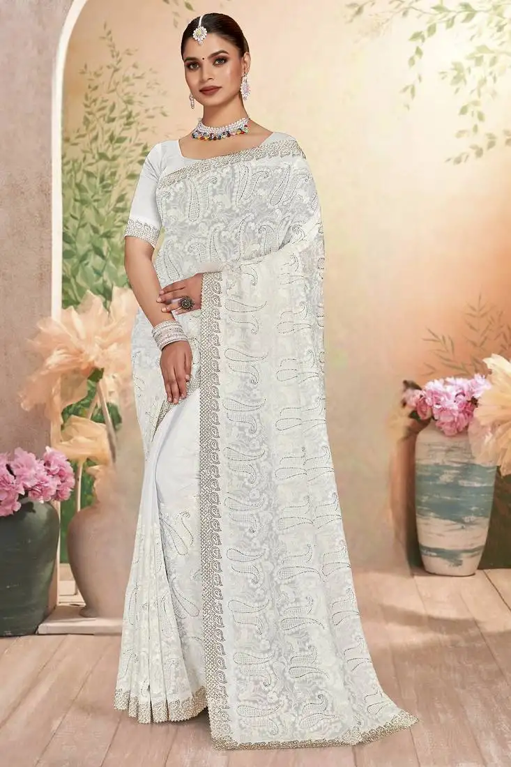 White sequin embroidered work georgette designer saree sari