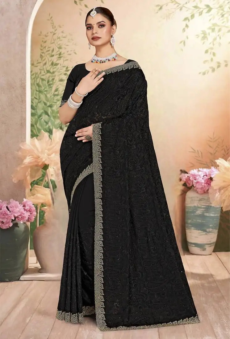 Black sequin embroidered work georgette designer saree sari