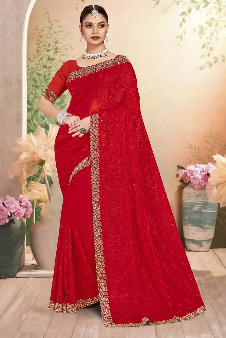 Red sequin embroidered work georgette designer saree sari