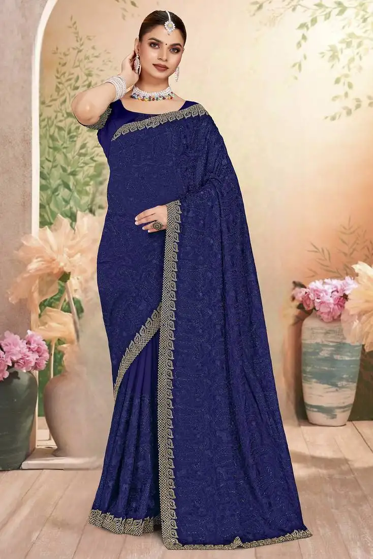 Navy blue sequin embroidered work georgette designer saree sari