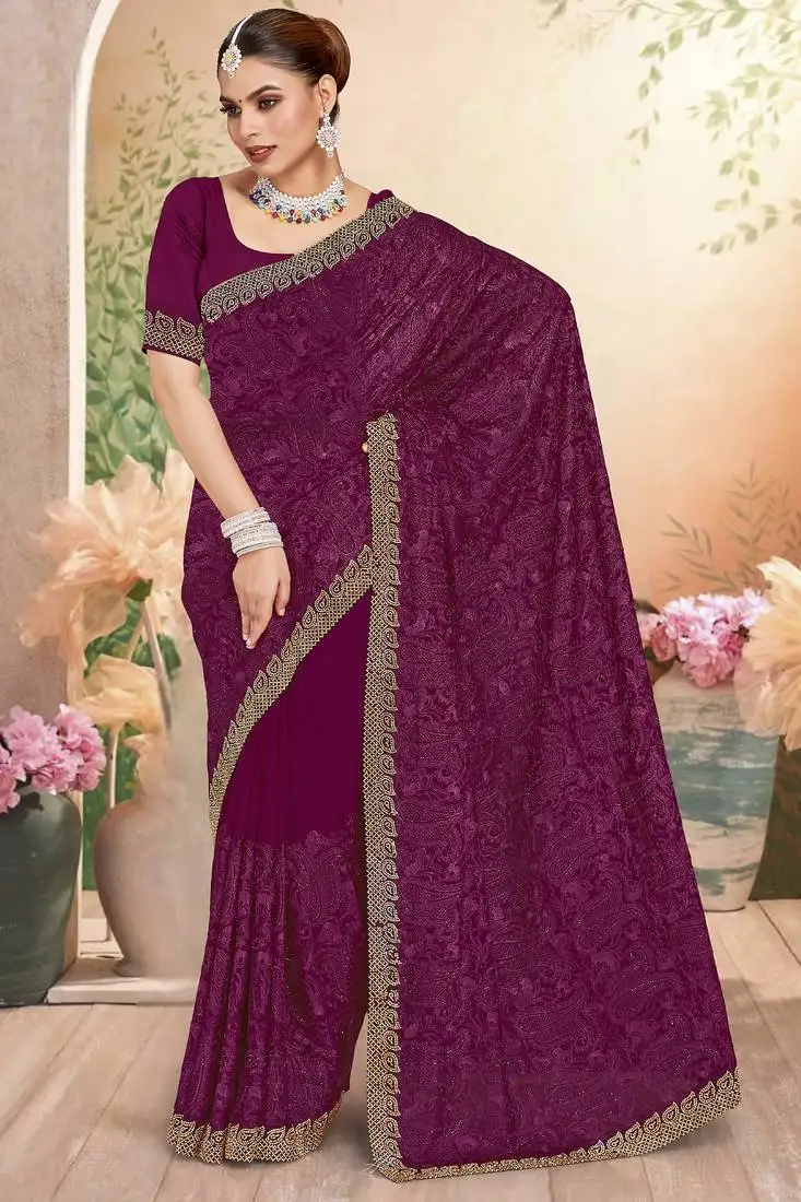 Wine sequin embroidered work georgette designer saree sari