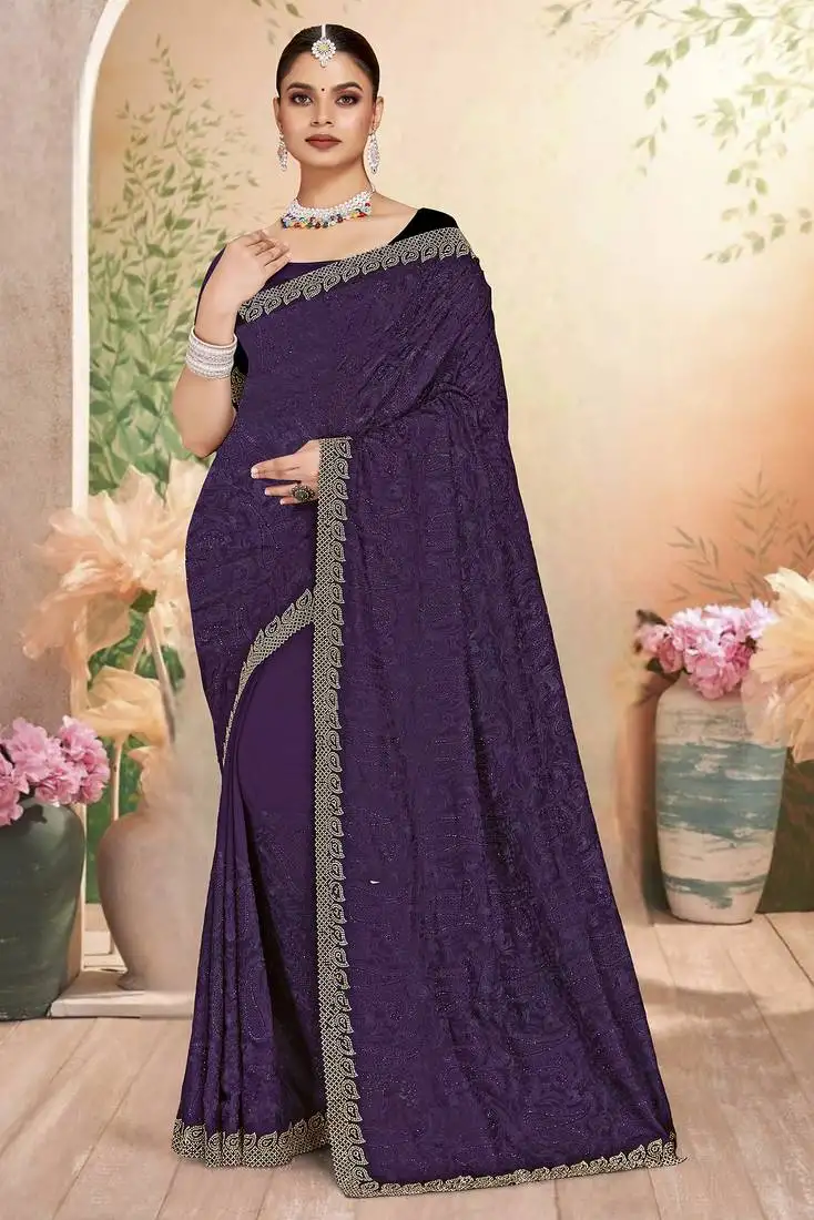 Purple sequin embroidered work georgette designer saree sari