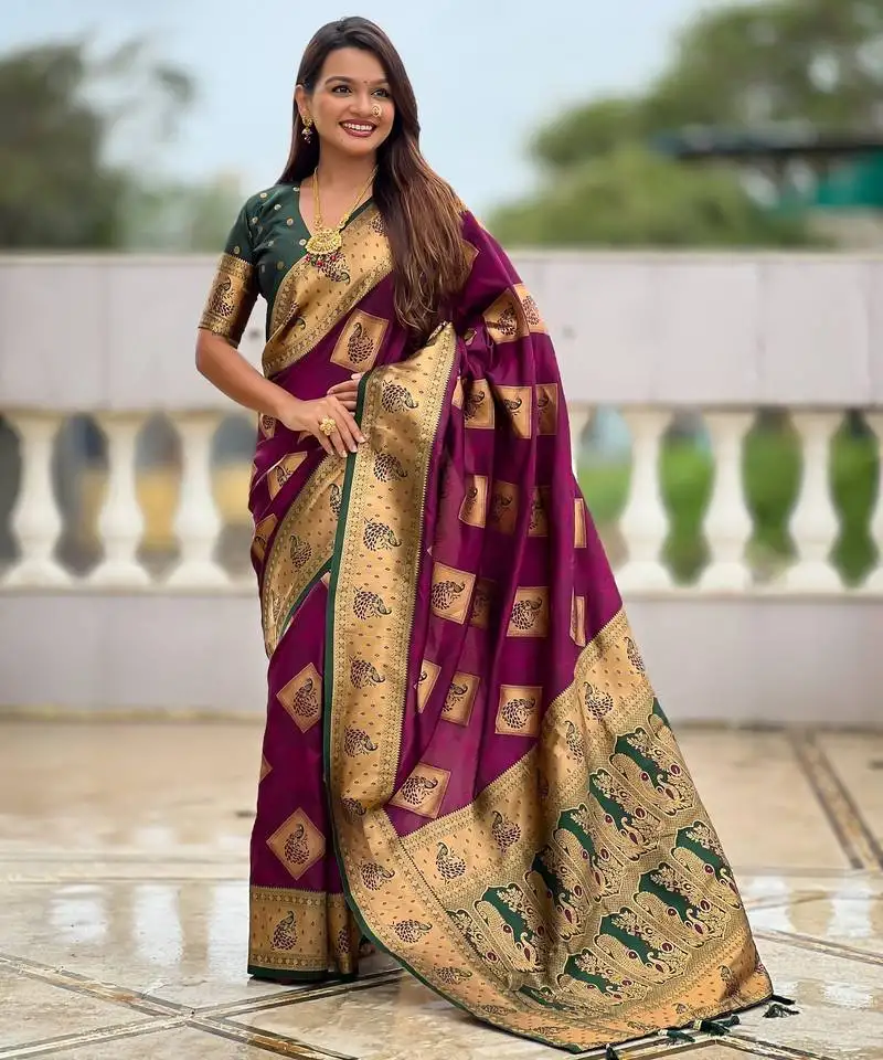 Wine color beautiful woven designer meenakari banarasi silk saree