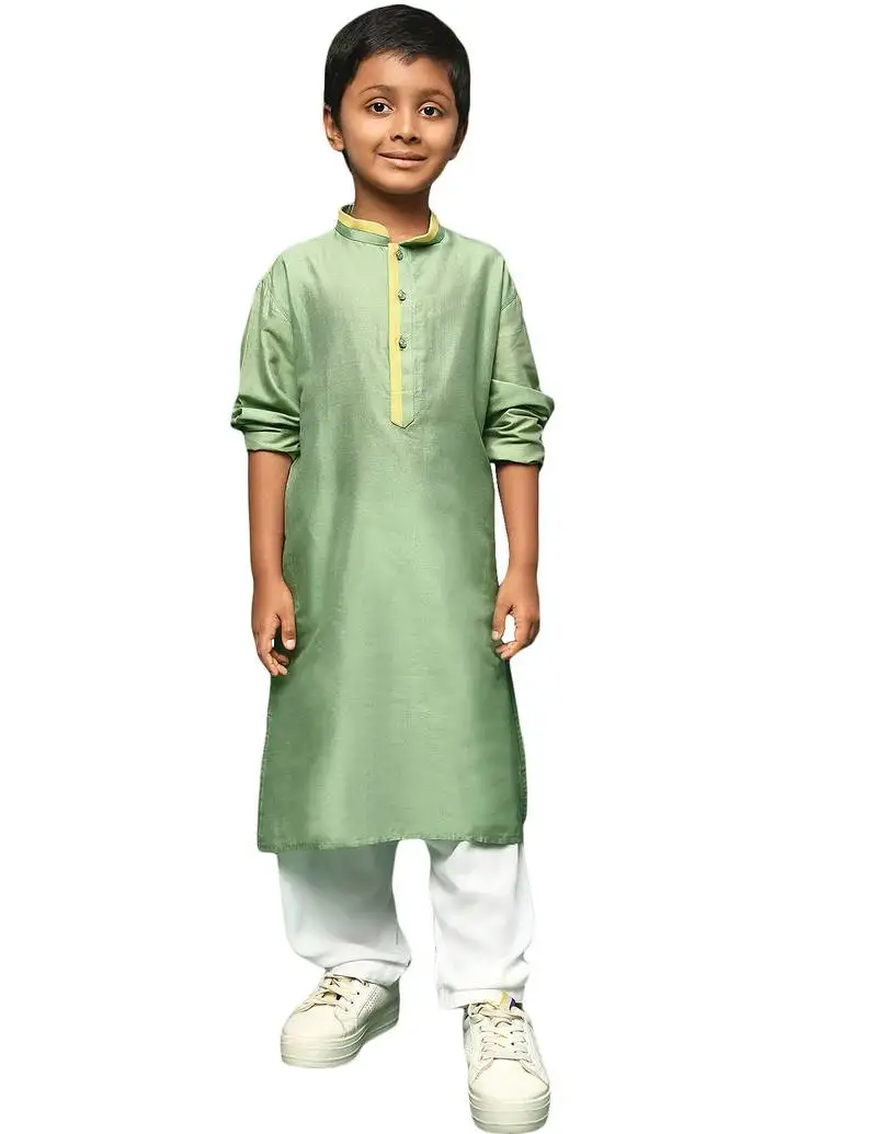 Green silk blend solid kurta pajama for kids