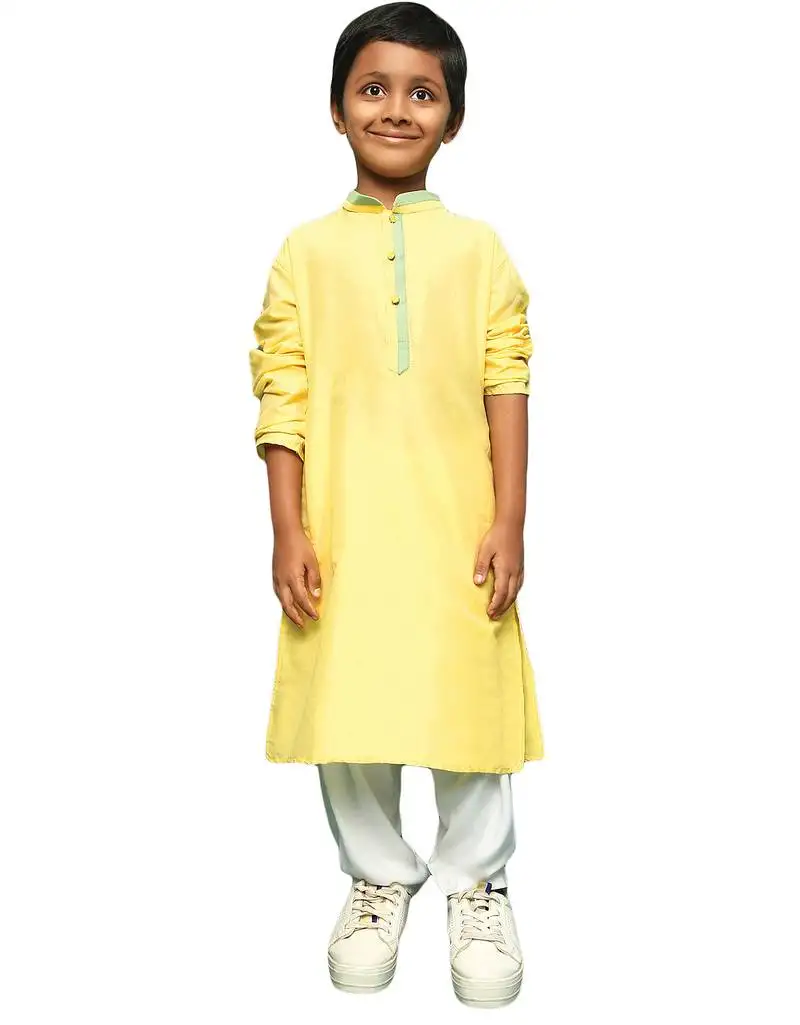 Yellow silk blend solid kurta pajama for kids