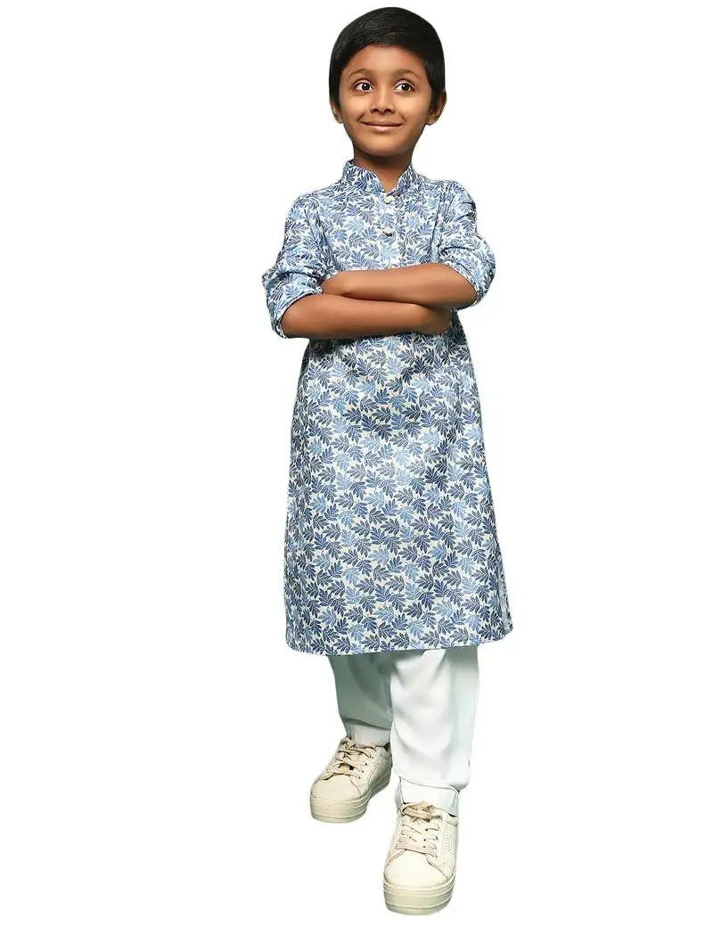 Blue cotton chikankari kurta pajama for kids