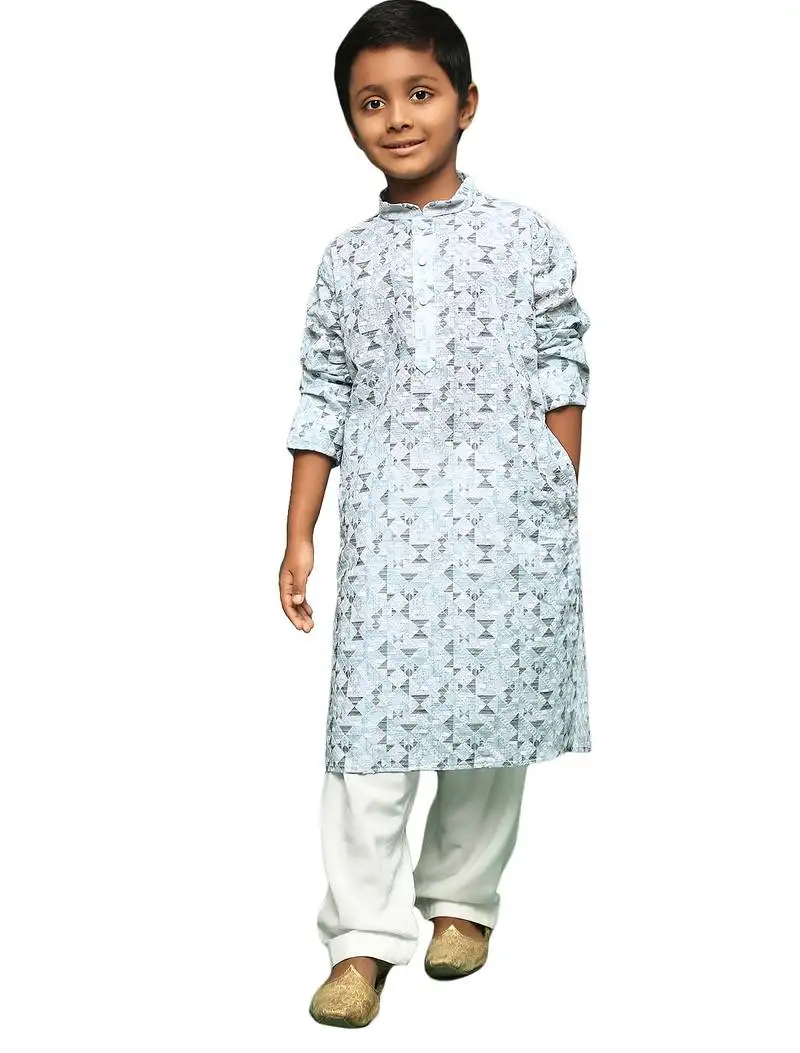 Teal blue cotton chikankari kurta pajama for kids