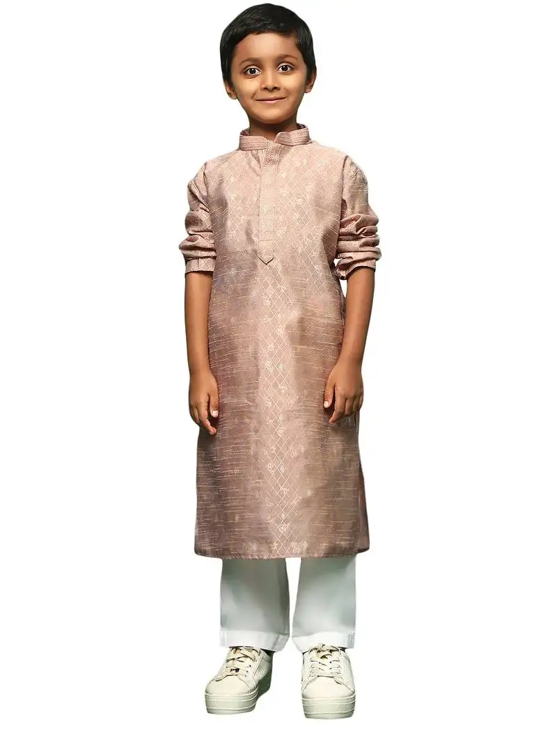 Deep beige silk woven design kurta pajama for kids