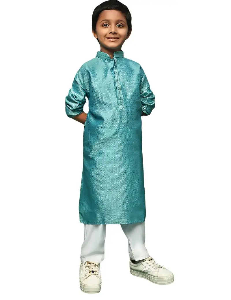 Sea green silk woven design kurta pajama for kids