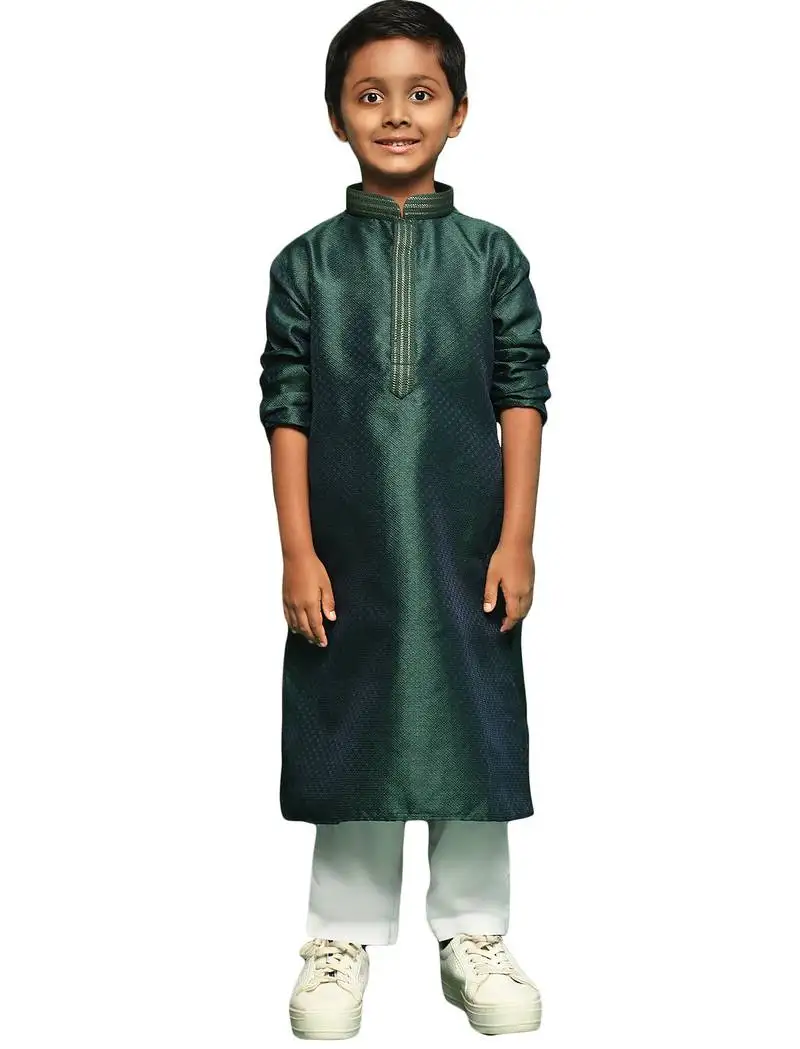 Deep green silk woven design kurta pajama for kids