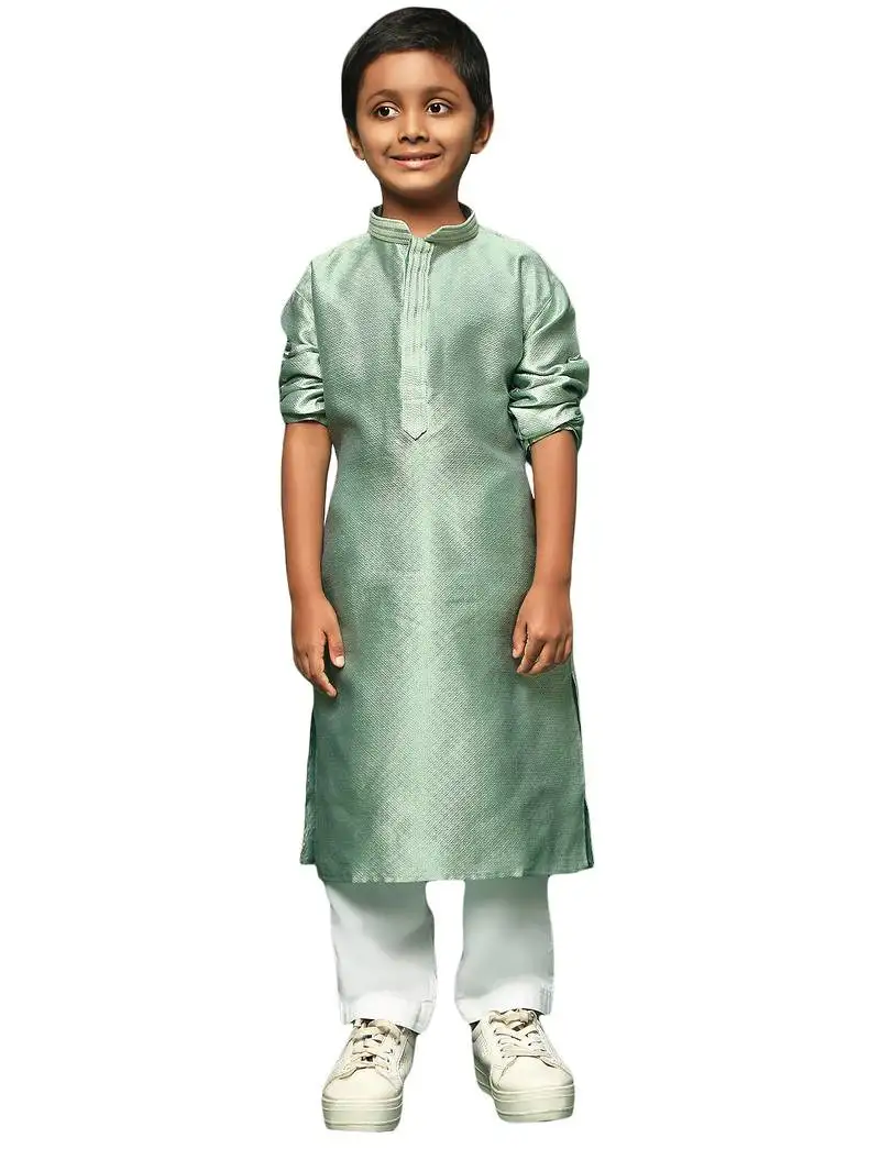 Green silk woven design kurta pajama for kids