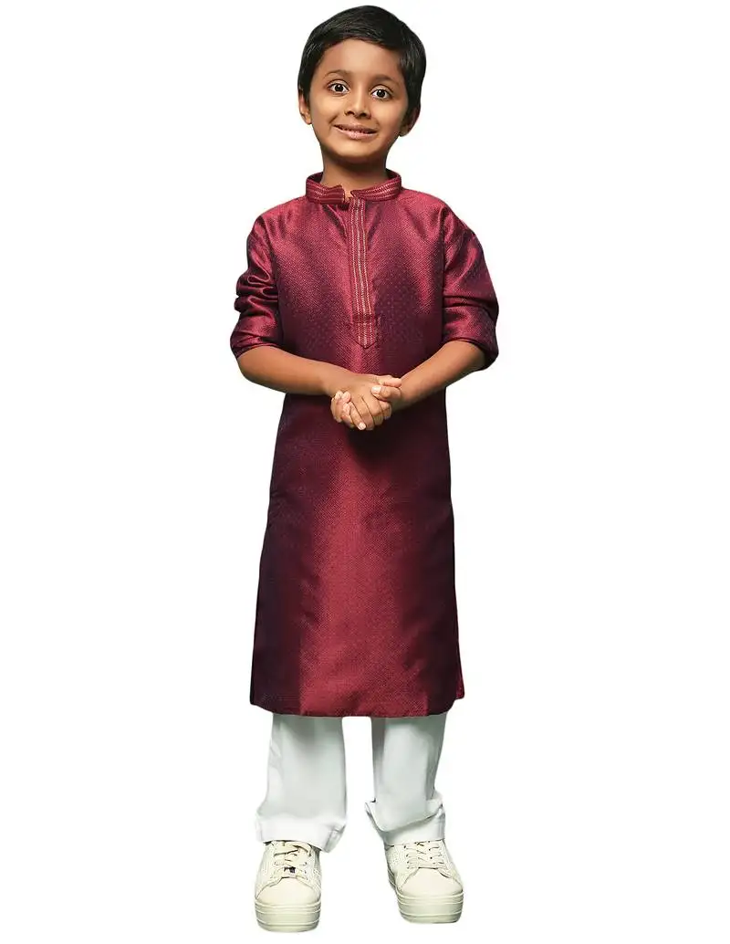Maroon silk woven design kurta pajama for kids