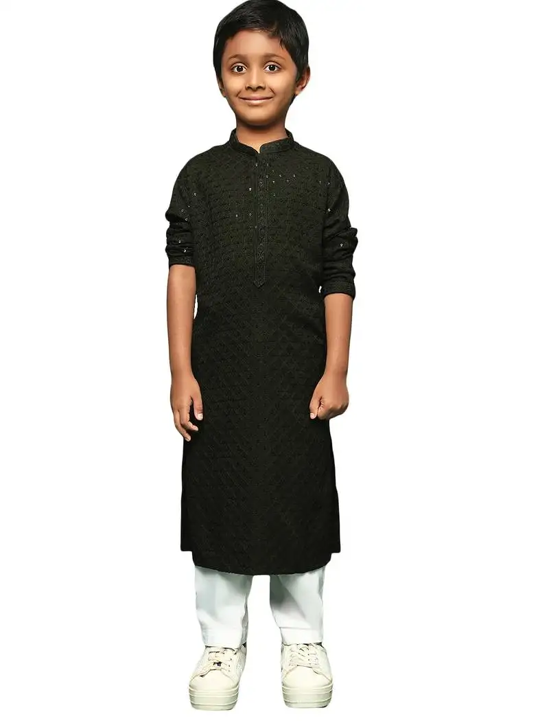 Olive cotton sequin kurta pajama for kids