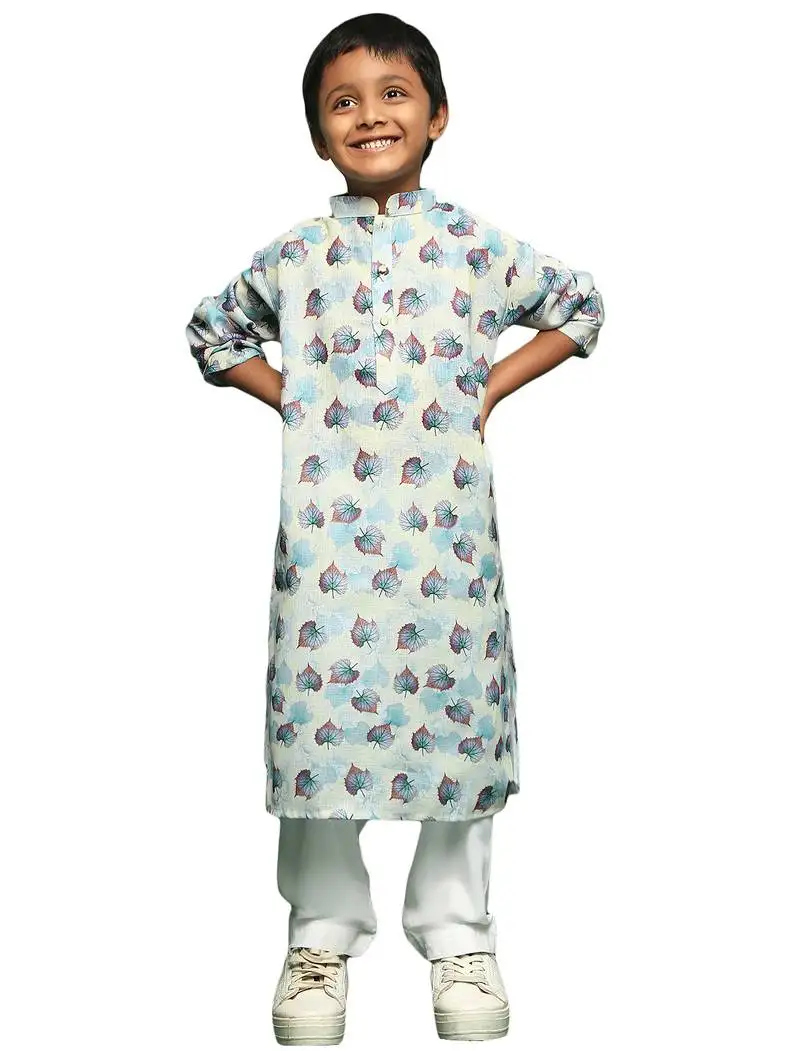 Sky blue cotton printed kurta pajama for kids