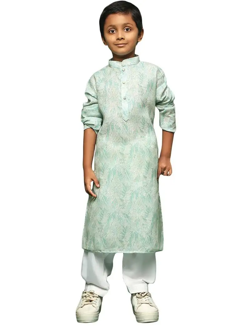 Green cotton printed kurta pajama for kids