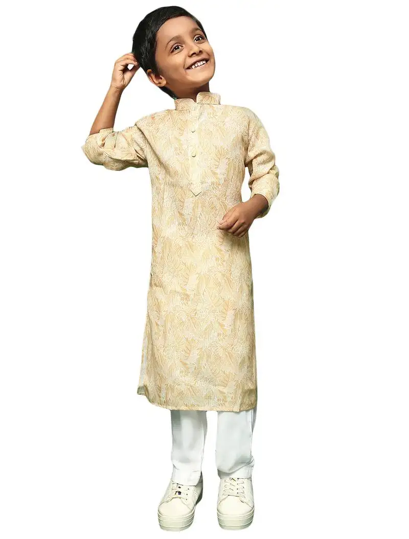 Light yellow cotton printed kurta pajama for kids