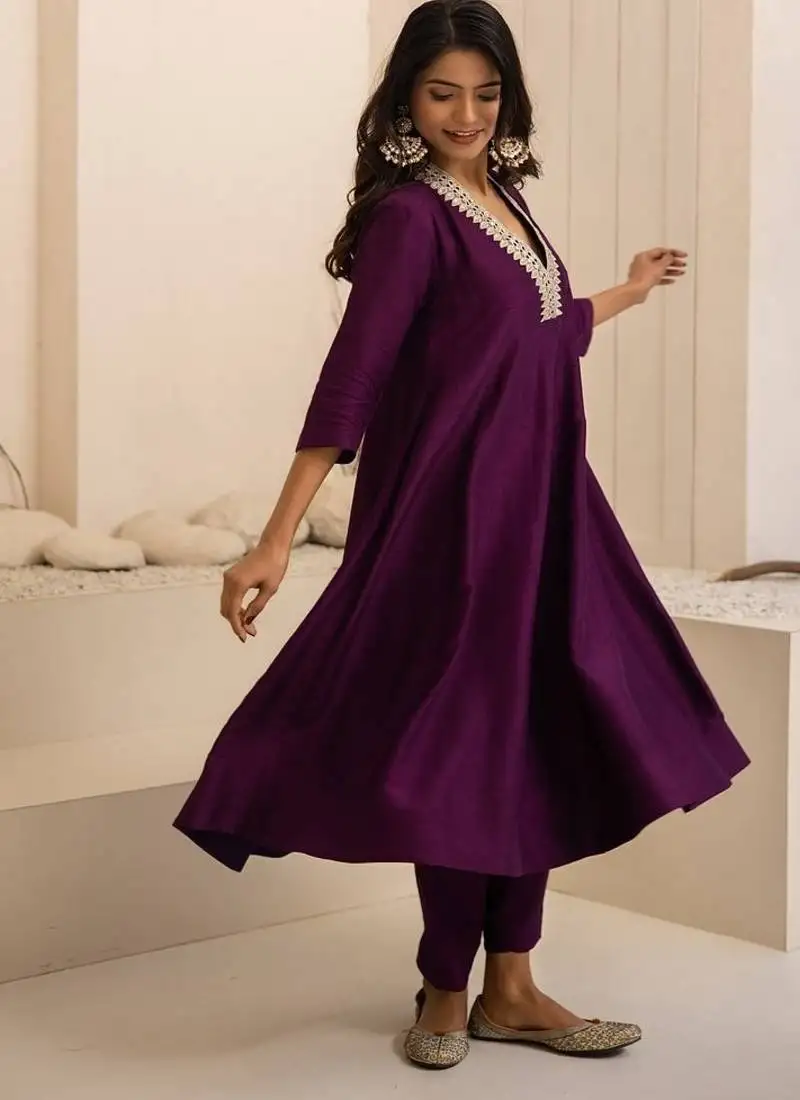 Purple plain dola silk anarkali set with neckline embroidery