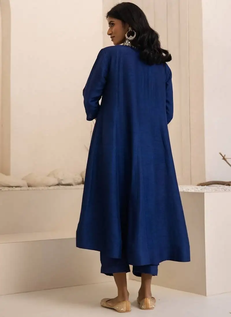 Navy blue plain dola silk anarkali set with neckline embroidery