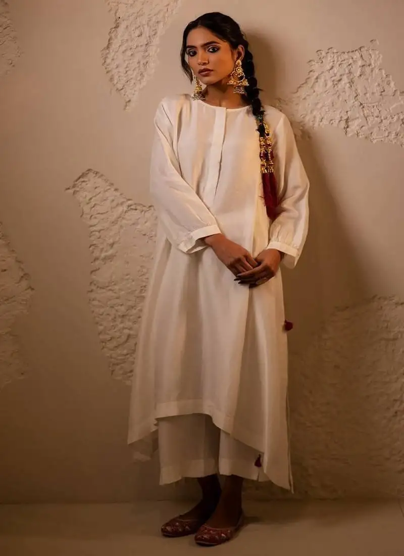 Ivory plain dola silk anarkali set