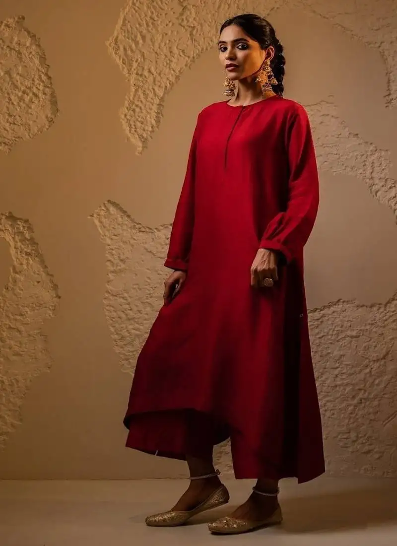 Red plain dola silk anarkali set