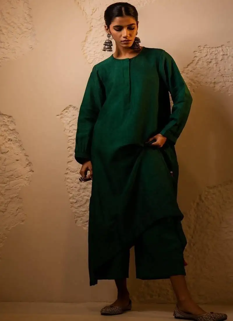 Dark green plain dola silk anarkali set