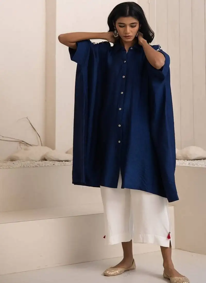 Navy blue plain cotton silk kurta set