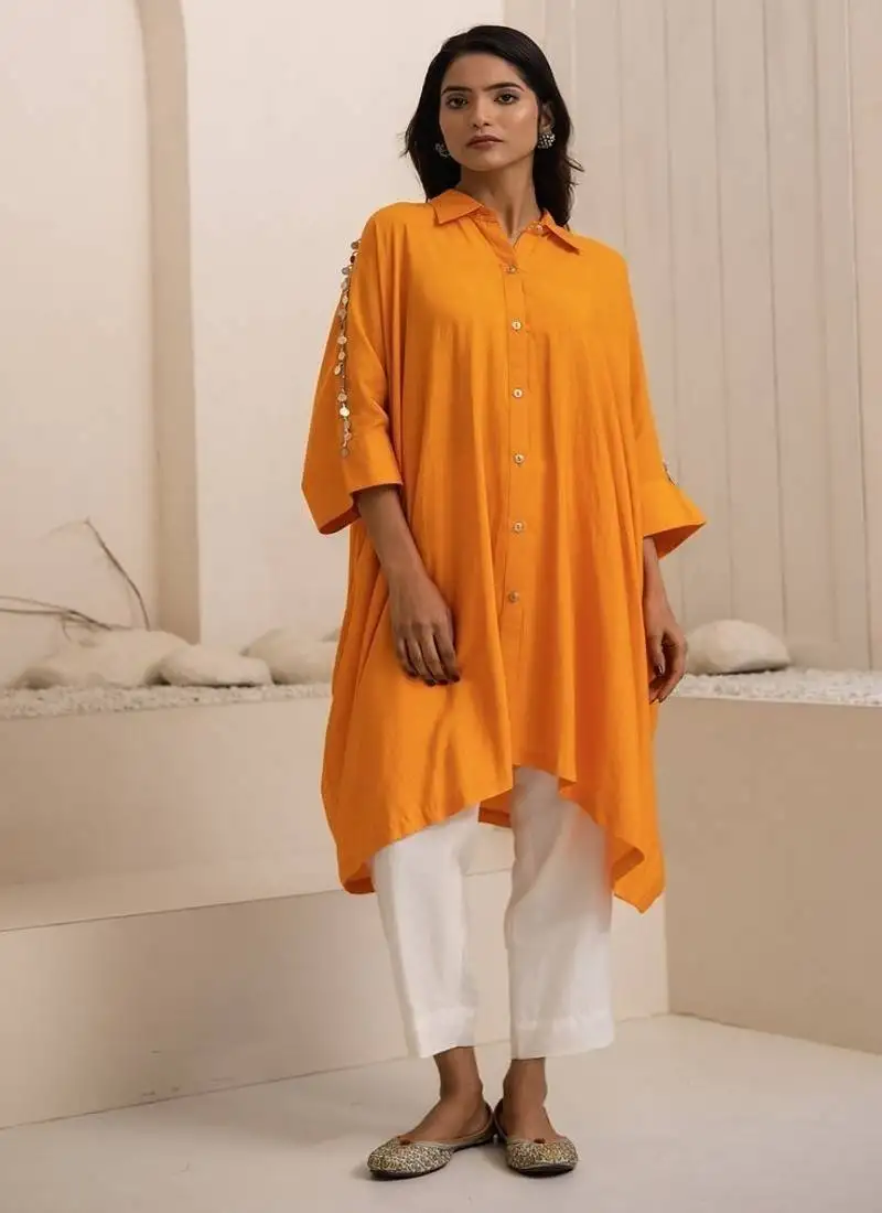 Orange plain cotton silk kurta set
