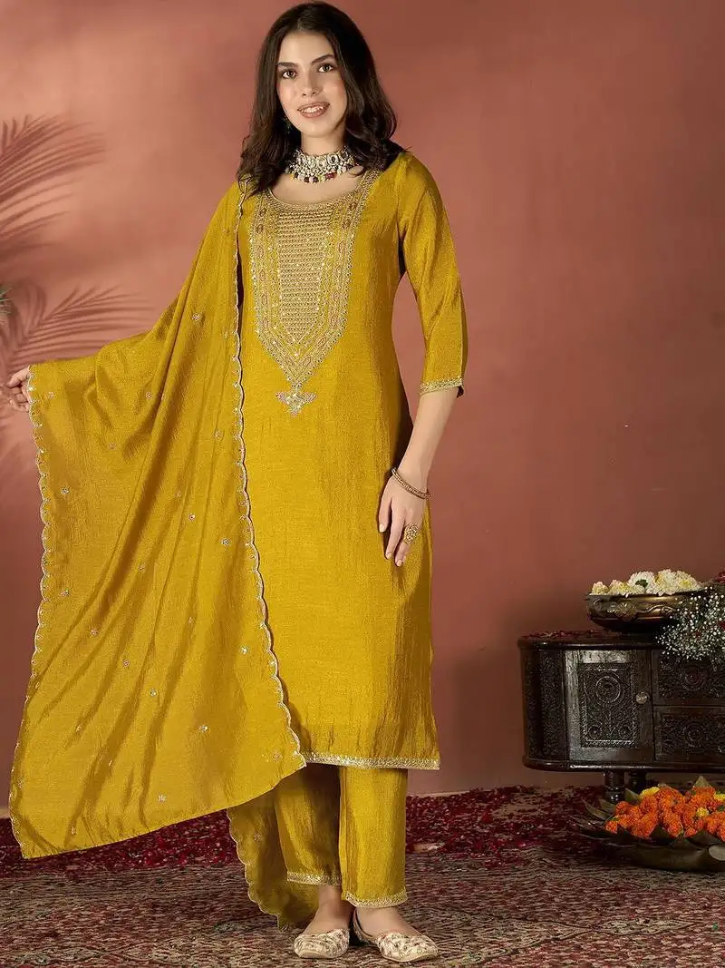 Mustard vichitra silk embroidered salwar suit stitched