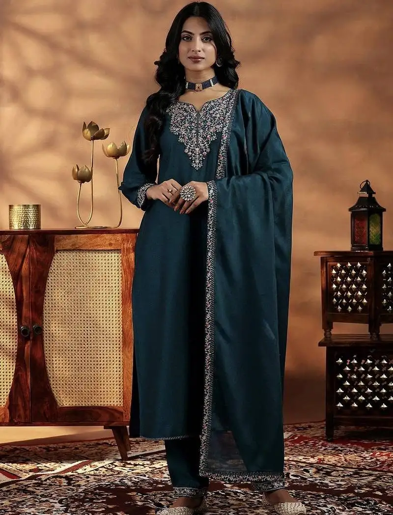 Rama mustard vichitra silk embroidered salwar suit stitched