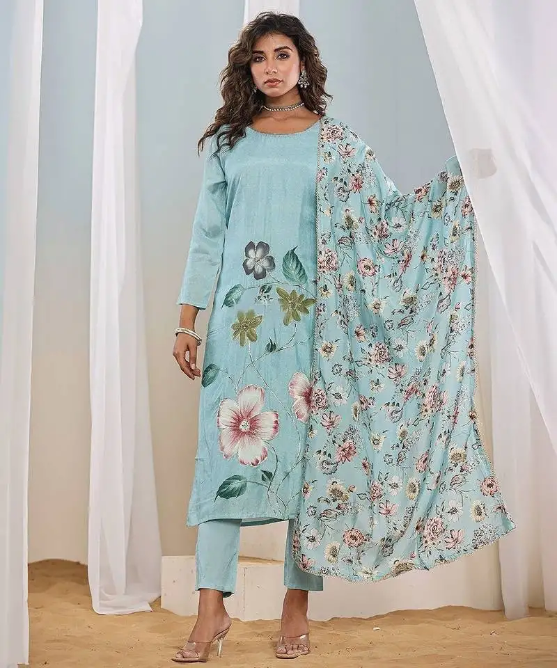 Sky blue franch crab printed salwar suit stitched