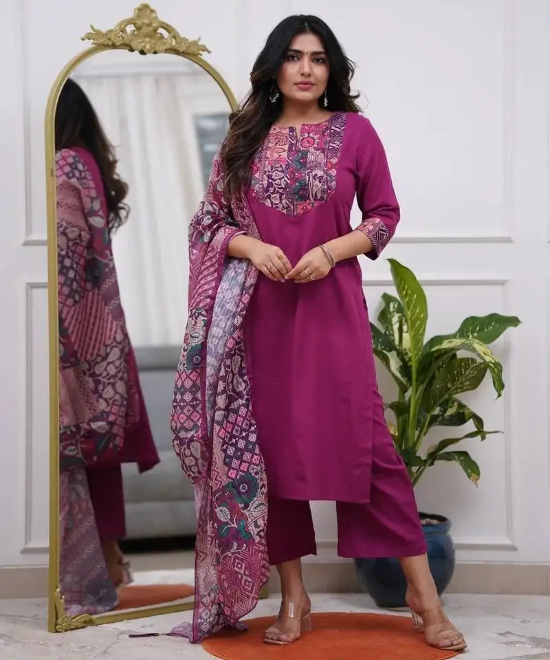 Purple reyon printed salwar suit stitched