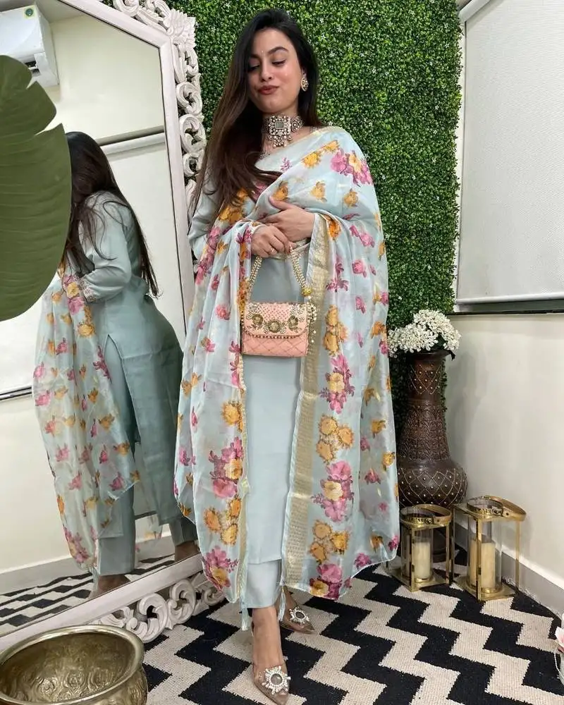 Sky blue chanderi silk embroidered salwar suit stitched