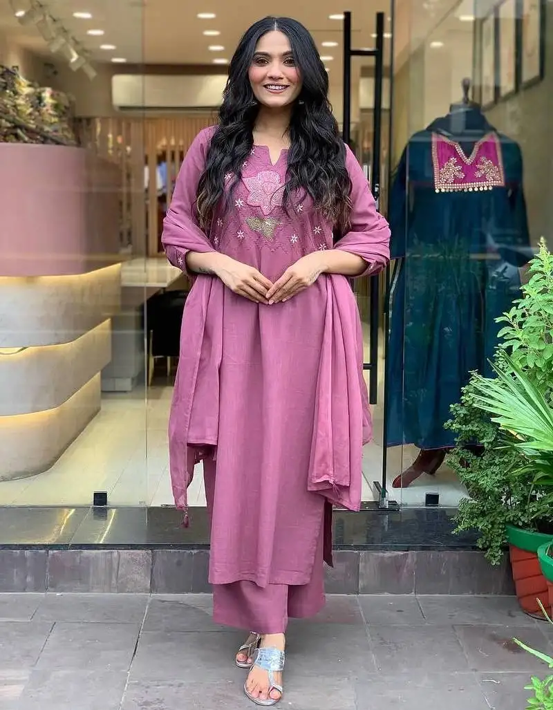 Onion pink cotton embroidered salwar suit stitched