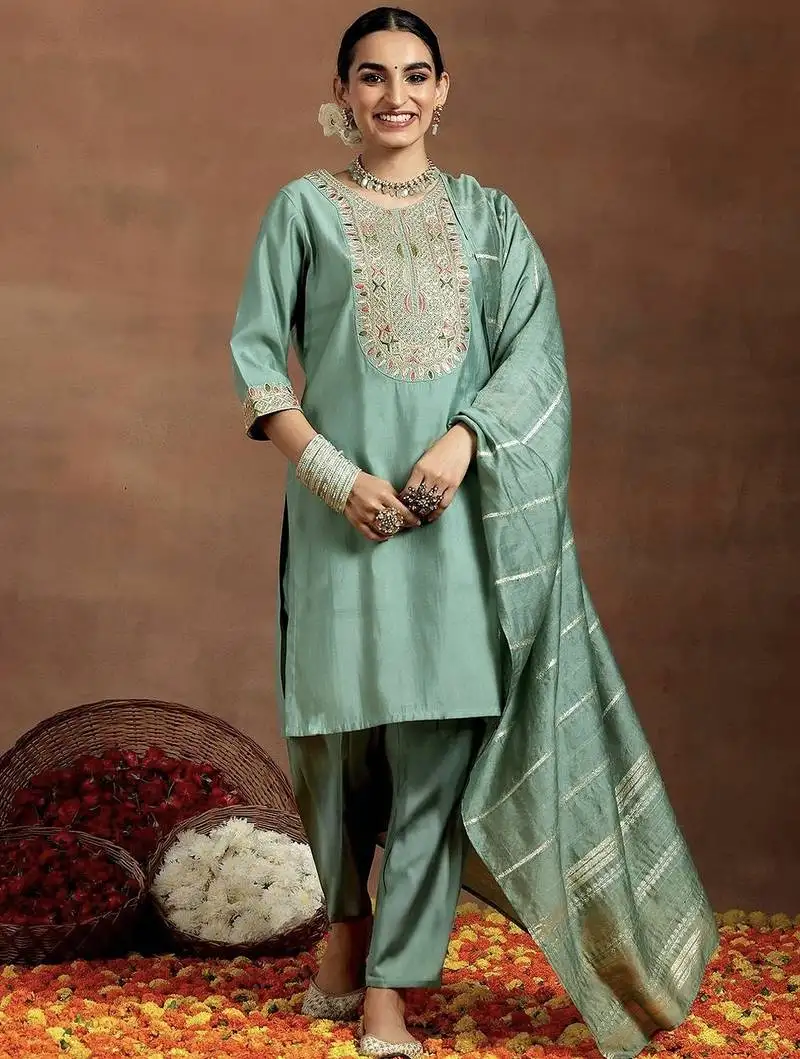 Bottel green chanderi silk embroidered salwar suit stitched