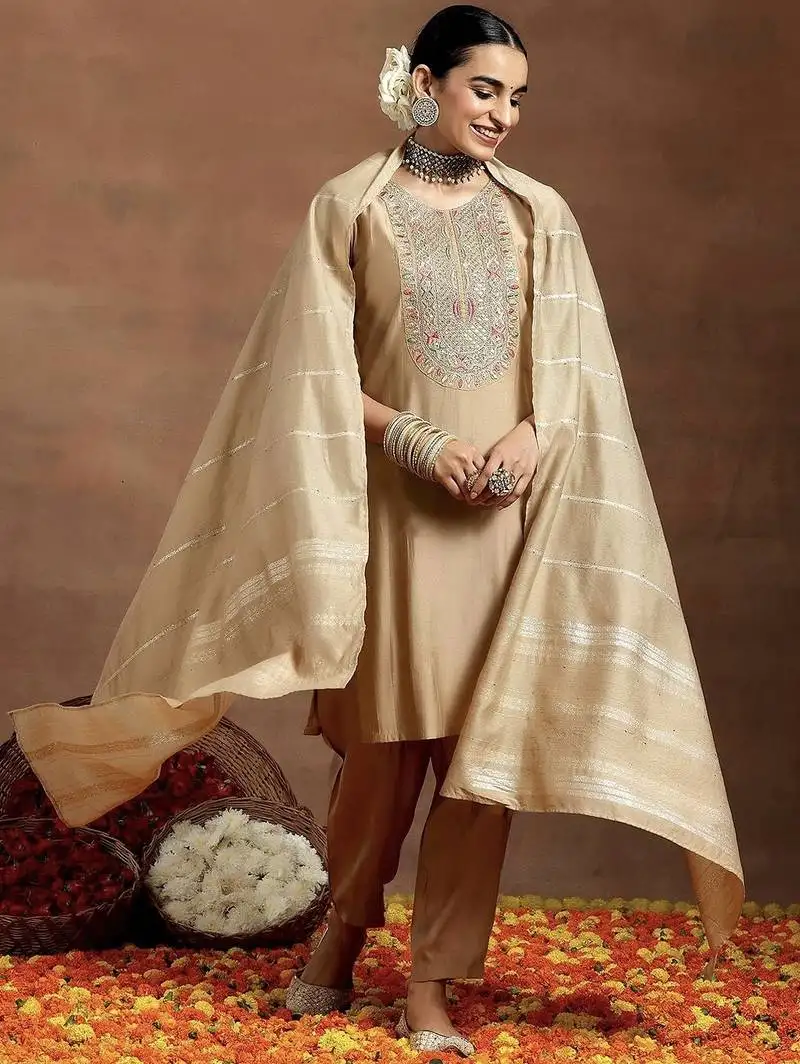 Cream chanderi silk embroidered salwar suit stitched