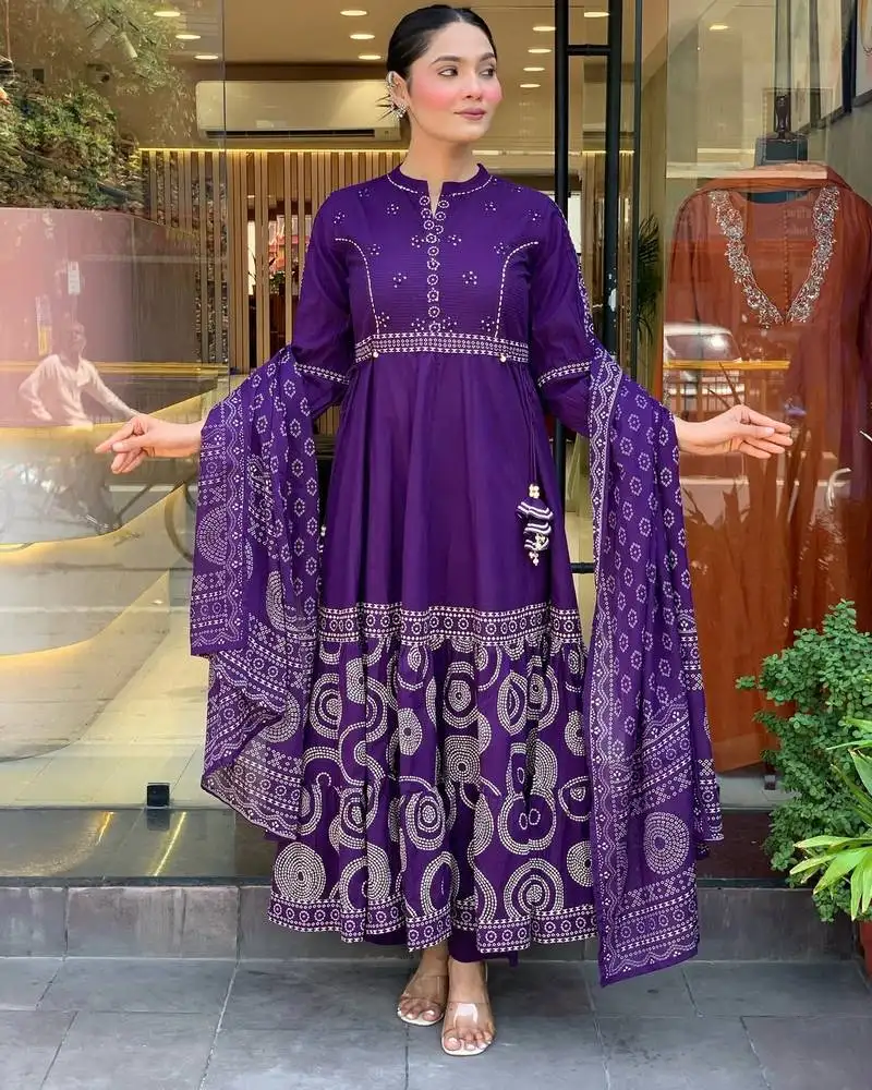 Violet muslin cotton embroidered salwar suit stitched