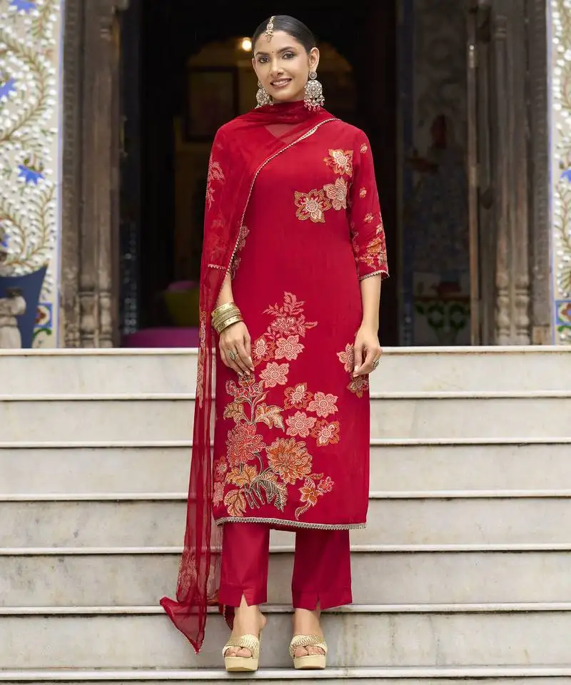 Red pure natural crepe floral printed straight kurta with pant & printed dupatta stitched