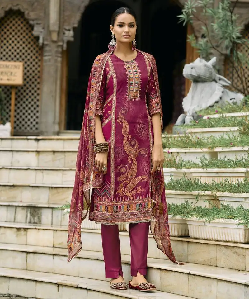 Maroon pure natural crepe floral printed straight kurta with pant & printed dupatta stitched