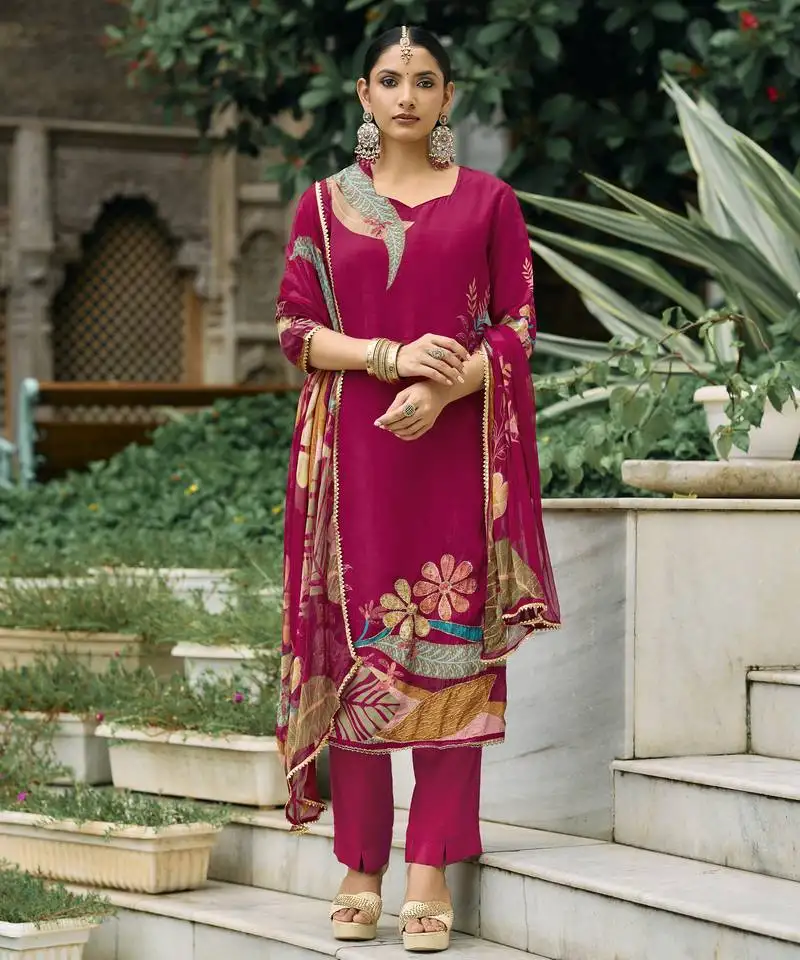Magenta pure natural crepe floral printed straight kurta with pant & printed dupatta stitched