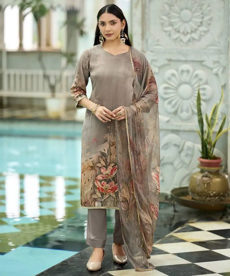 Grey pure natural crepe floral printed straight kurta with pant & printed dupatta stitched
