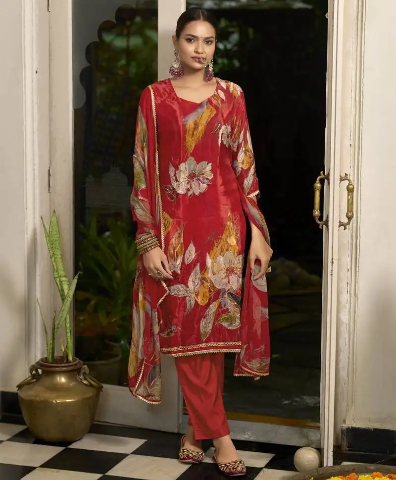 Red pure ho organza floral printed straight kurta with pant & printed dupatta stitched