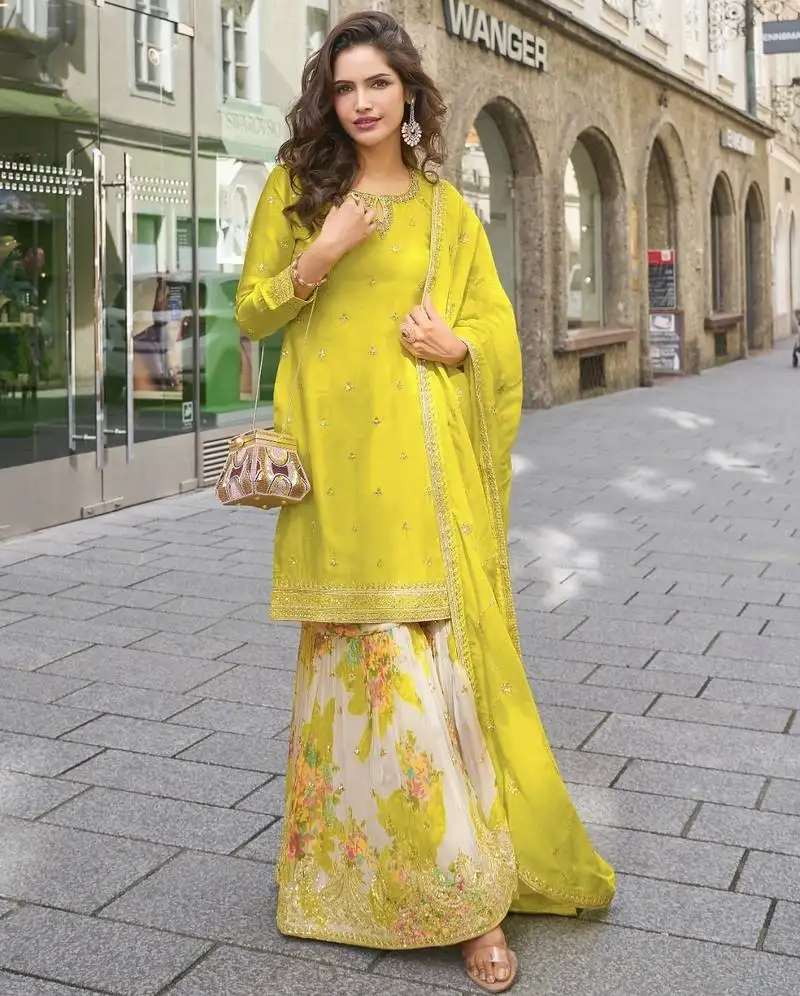 Yellow heavy chinon silk semi stitched sharara suit