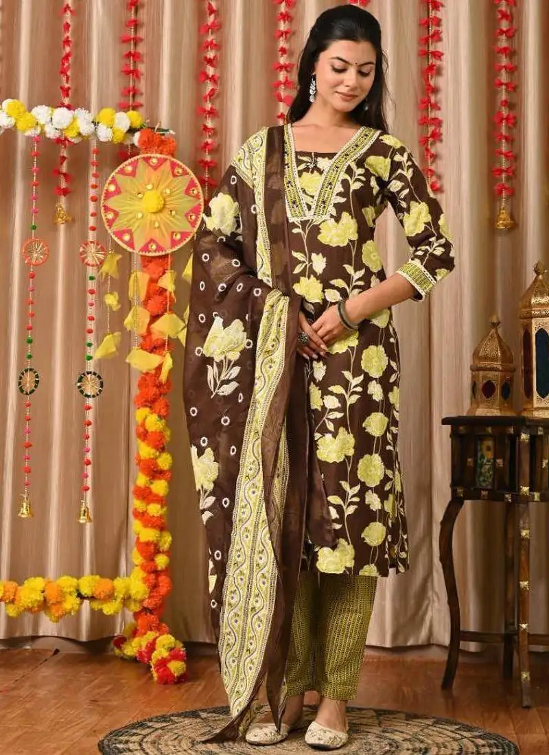 Brown women embroidered floral printed aline kurta pant with dupatta set