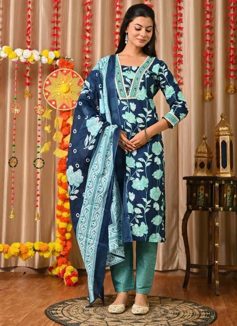 Blue women embroidered floral printed aline kurta pant with dupatta set