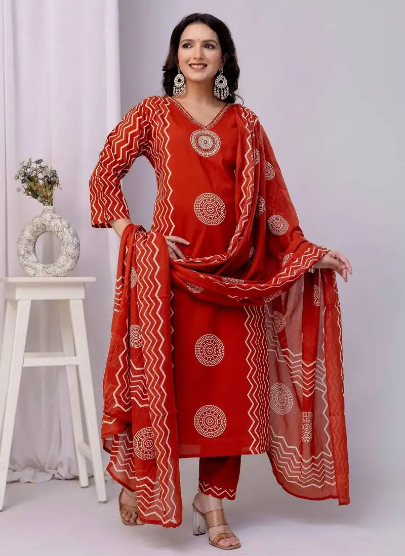 Orange women embroidered printed aline kurta pant with dupatta set