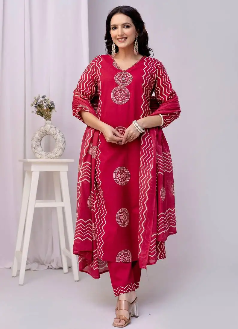 Red women embroidered printed aline kurta pant with dupatta set